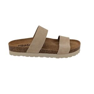 Biostep Womens Tan Suede Leather Double Strap Cork Platform Slide Sandals 6.5